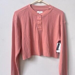 BP Long Sleeve Cropped Waffle Knit Henley Top Womens XS Pink Salmon Stretch N